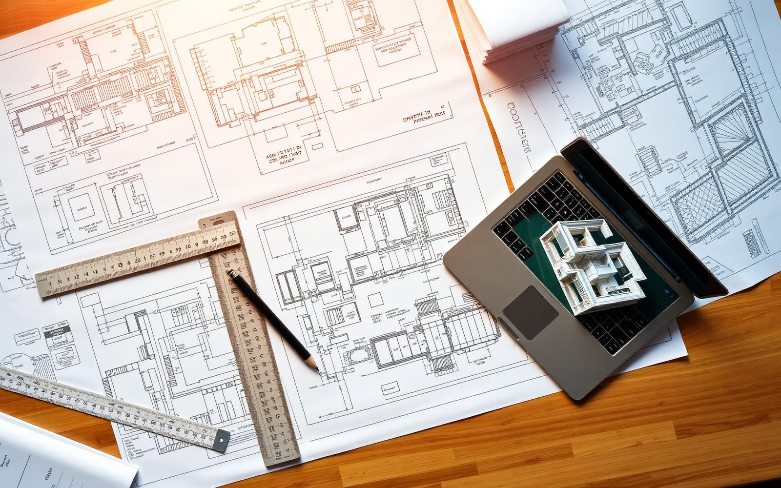 Architectural permit drawings and structural blueprints on a desk