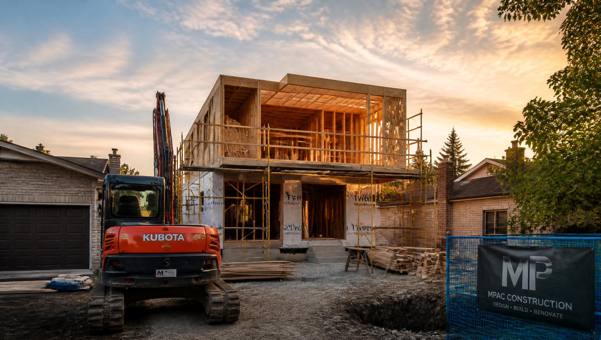 Two-storey home addition under construction at golden hour